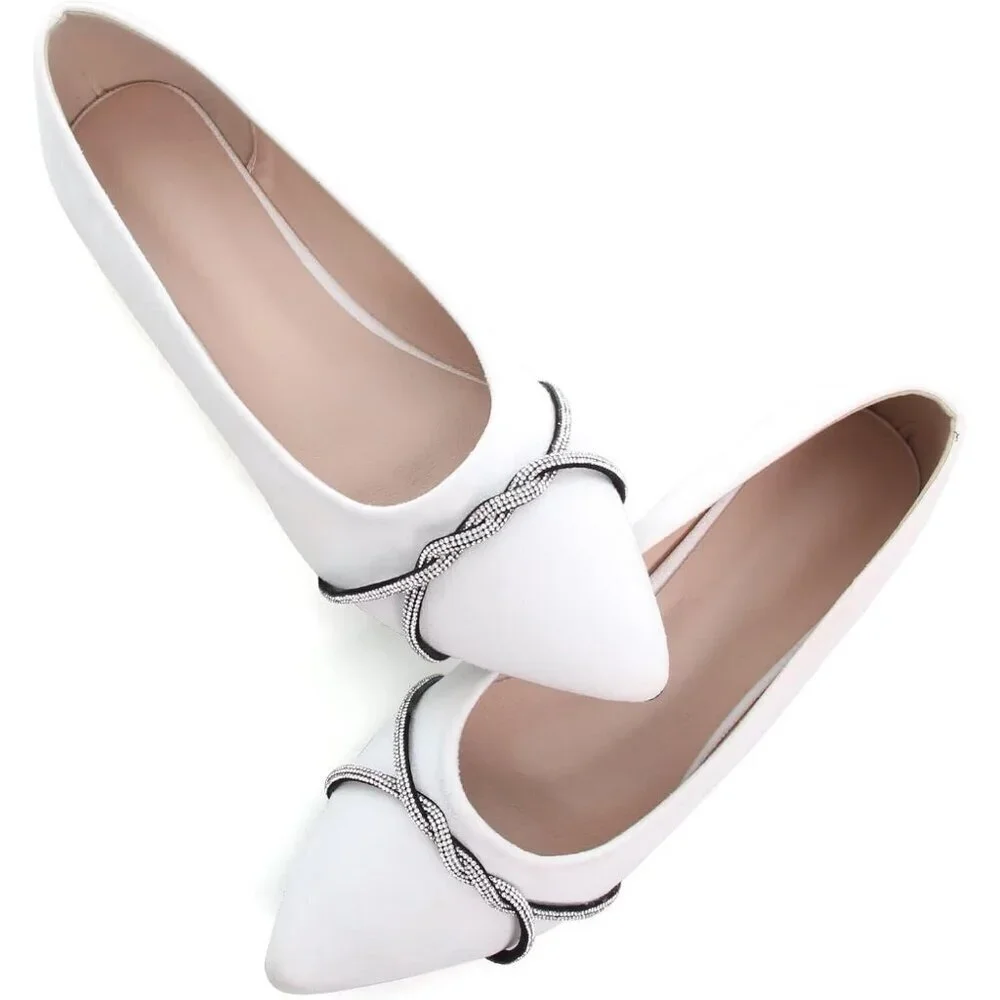 Women's White Casual Flats Fashion Chain Pointed Toe Ballet Flat Rhinestone